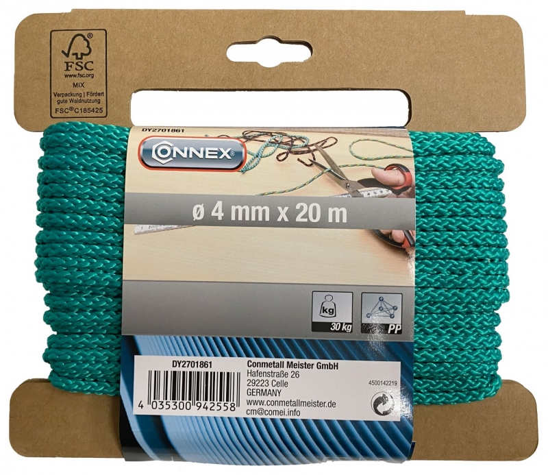 PP pletené lano 8pramenné, 4mmx20m, různé barvy (černá, zelená), navíječ